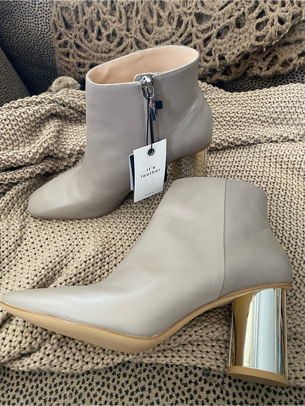 Zara leather taupe booties with metal look heel 39 8